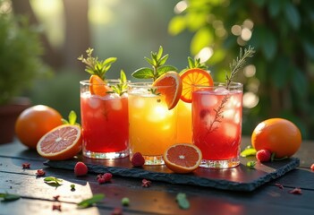 Fototapeta premium vibrant cocktail garnishes textured slate stylish presentation refreshing drinks colorful ingredients, herb, fruit, slice, leaf, sprig, fizzy, aesthetic