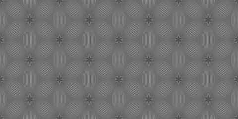 Monochrome vector geometric seamless pattern with floral silhouette, curved lines. Repetitive texture.