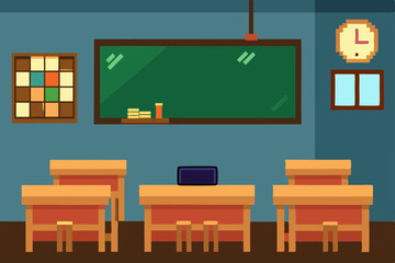 Wooden school desk with books in an empty classroom, vector illustration