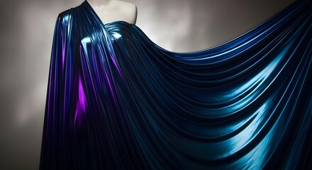 Iridescent fabric draped on mannequin, shiny material texture, blue purple cloth, fashion design, textile art
