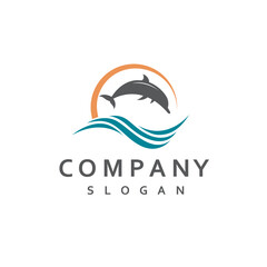 emblem of dolphin, sun and sea waves isolated on white background