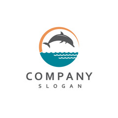 emblem of dolphin, sun and sea waves isolated on white background