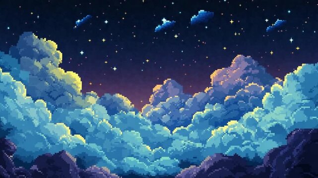 Pixelated Nightscape: Animated Clouds and Sparkling Stars for Retro Video Games and Design