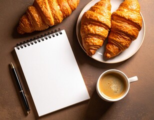 Flat Lay of Coffee, Croissants, and Blank Notepad
