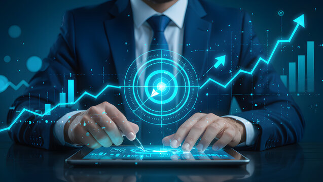 Businessman analyzing data and upward trending graphs with technology on a digital tablet