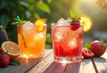 Fototapeta premium refreshing chilled cocktails vibrant fruit garnishes artisan glassware summer enjoyment, drink, tropical, beverage, colorful, citrus, mint, party, cheers