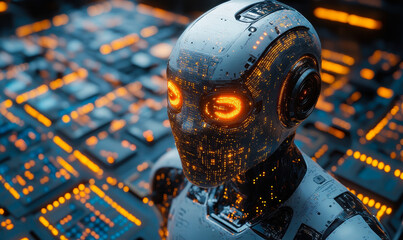 Futuristic humanoid robot with glowing orange circuitry and illuminated eyes standing over complex electronic circuit board background in digital technology concept