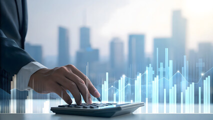 Businessman calculating financial data analysis using calculator with digital business graph overlay.