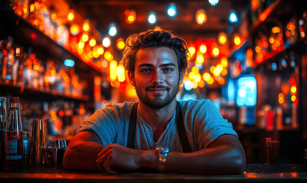 Confident young male bartender leaning on bar counter in warmly lit rustic pub with blurred colorful lights and bottles in background