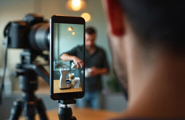 Man records coffee making video with smartphone, camera on tripod. Online streaming about hot beverages, brewing, barista. Video blogger filming coffee. Modern technology, cyberspace, mobile app