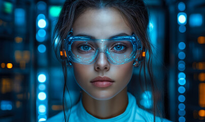 Close up of young woman wearing futuristic augmented reality glasses in blue glowing high tech server room environment for AI and technology concept
