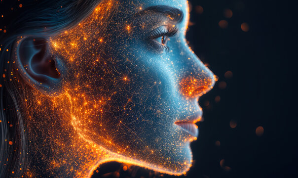 Digital illuminated female face composed of glowing orange and blue network particles on dark background representing AI and technology interaction concept in profile view