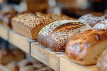 A close-up of the display at a sourdough bakery, showcasing freshly baked loaves and artisanal breads on the shelves Generative AI