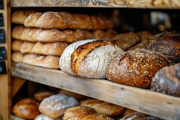 A close-up of the inside display case at a sourdough bakery, showcasing freshly baked loaves and rolls on the shelves Generative AI