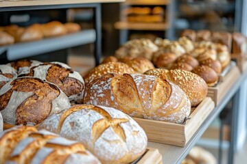 sourdough breads and pastries in the oven at an artisan bakery, in front view The focus is on the crusty loaves of white, wheat, rye, spelt, and whole-grain dough with golden brown spots Generative AI