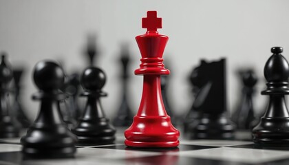 Red chess king piece stands out among black figures. Symbolizes business, political success, victory. Leadership concept. Strategy, competition. Strategic planning, decision-making, triumph.