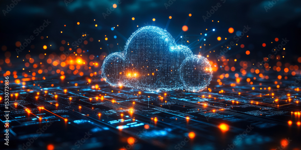 Poster digital glowing cloud icon representing cloud computing network with data points and futuristic tech