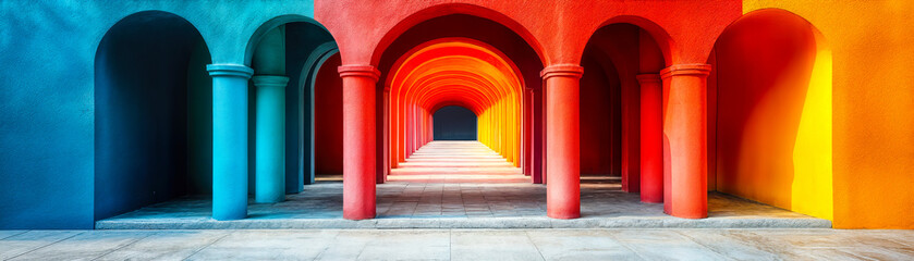 Colorful architectural hallway with vibrant arches and columns in blue red and yellow creating symmetrical perspective and geometric design