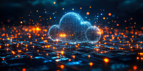 Digital glowing cloud icon representing cloud computing network with data points and futuristic technology background in dark blue and orange colors