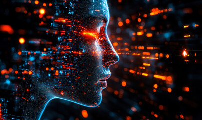 Profile view of futuristic digital human face made of glowing blue and orange particles with scattered data streams in cyber space technology background