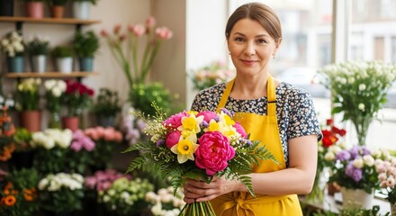 Woman florist holding beautiful flower bouquet in shop. Small business concept for blooming flowers. Female small business owner for greeting card.