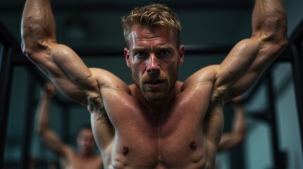 Fototapeta premium Close-up of man hanging from a pull-up bar, sweat visible, intense workout mood in a gym setting.