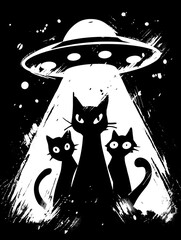 Three black cats stand together under a glowing UFO beam in a dark, surreal night. Alien, animal, fantasy, and mystery concept with a whimsical, graphic style.