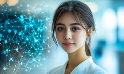 Young professional woman with digital network connections futuristic AI technology concept hologram in modern office environment portrait