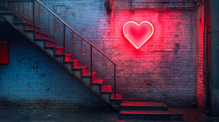 Red neon heart light glowing on grungy brick wall under metal staircase in urban industrial setting at night with vibrant colorful lighting