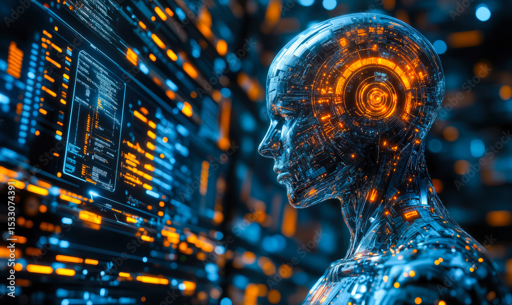 Poster futuristic transparent android with digital circuitry analyzing data on holographic interface in hig