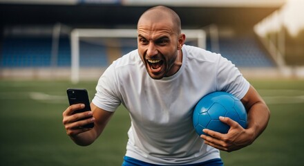 Excited caucasian man shouts during sport game using smartphone on stadium. Watching online score with blue football. Soccer fan concept.