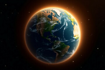 Fototapeta premium Earth surrounded by a glowing orange halo, showcasing a stunning view of the planet from space, emphasizing the beauty of our world in a cosmic setting 