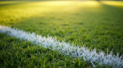 Grass stains on a white field line under sunlight, natural sports environment, authentic game atmosphere.

