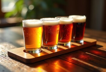 vibrant colorful beer flight rustic wooden table artisanal craft brews glass sample jars, mug, window, cube, foam, liquid, cocktail, bottle, amber, golden