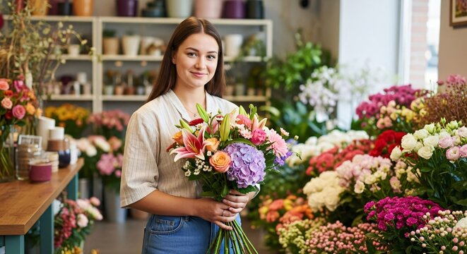 Young female florist holding a colorful bouquet of fresh flowers, posing in a flower shop, ideal for local business or floral design.