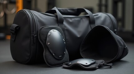 Knee pads positioned next to an open sports bag in a gym, highlighting fitness accessories and preparation.

