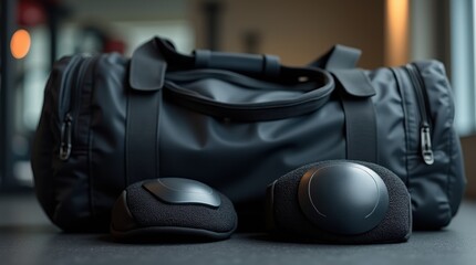 Knee pads positioned next to an open sports bag in a gym, highlighting fitness accessories and preparation.

