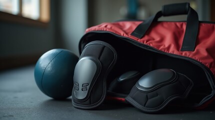 Knee pads positioned next to an open sports bag in a gym, highlighting fitness accessories and preparation.

