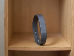A single wristband placed on a polished wooden shelf, soft focus, elegant and simple fitness accessory presentation.

