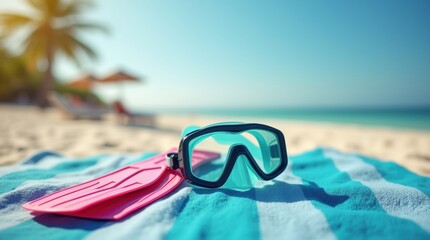 Snorkel and fins on a striped beach towel, close-up, soft focus, creating a tropical holiday atmosphere.

