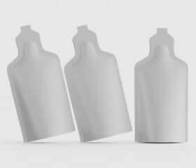 Conceptual design of three white bottle shaped product packages in a minimalistic studio setup for advertising and commercial use