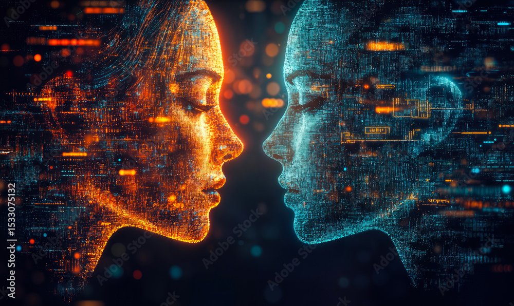 Poster digital human faces facing each other composed of glowing circuit patterns and abstract data streams