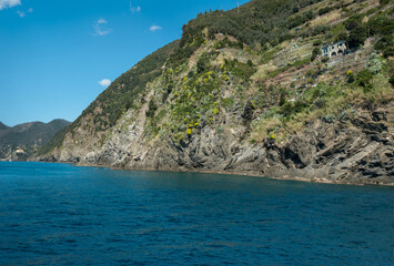 The coast green terraces on the slopes at the rocky shore of Cinque Terre