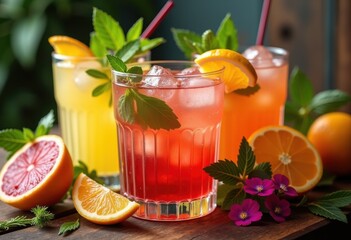 Fototapeta premium vibrant colorful cocktail garnishes rustic wooden bar surface refreshing drink decoration, tropical, fruit, lemon, orange, umbrella, glass, mint, herb