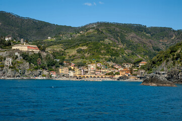 Monterosso al Mare, Cinque Terre, colorful buildings, fortress towers nestled between terraced cliffs above the blue waters of the Ligurian Sea.
