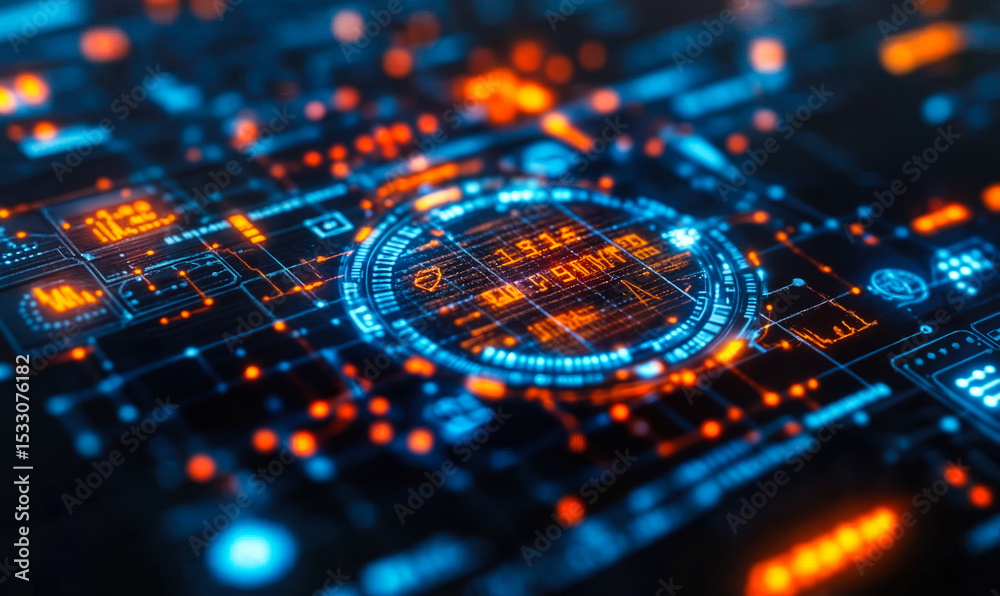 Poster futuristic digital interface with glowing blue and orange data elements and circular hud display tec