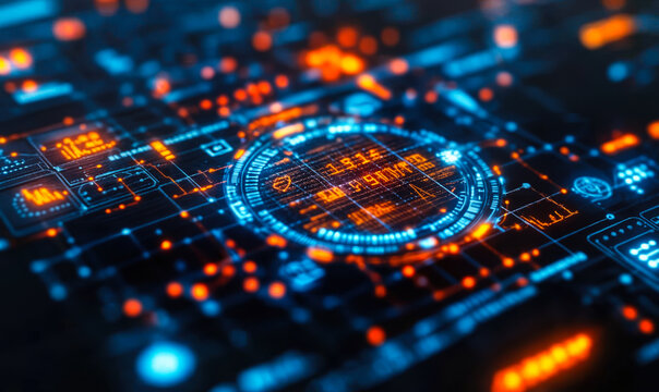 Futuristic digital interface with glowing blue and orange data elements and circular HUD display technology background for AI and cybersecurity concept