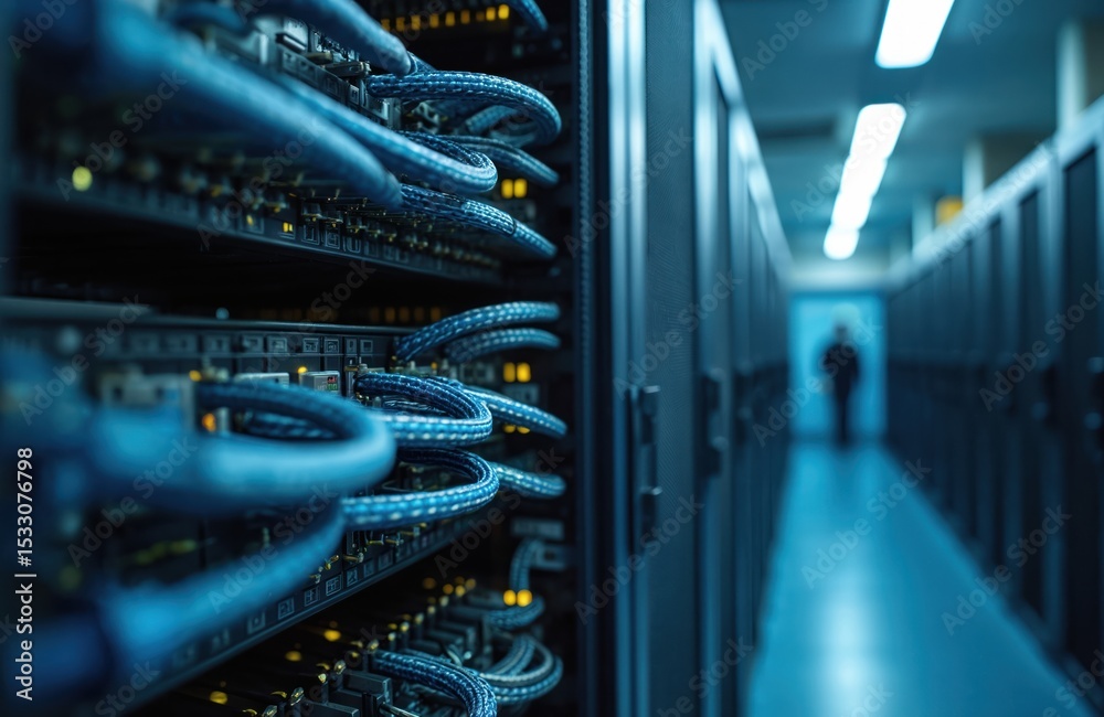 Aufkleber Network cables connected to server racks in data center room. Modern tech infrastructure, data storage, cloud computing, data processing, and digital information flow. Person walks away down aisle.