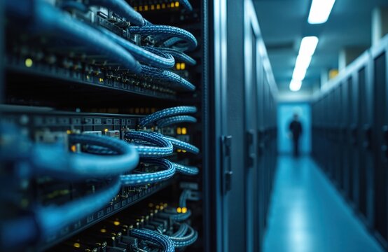 Network cables connected to server racks in data center room. Modern tech infrastructure, data storage, cloud computing, data processing, and digital information flow. Person walks away down aisle.