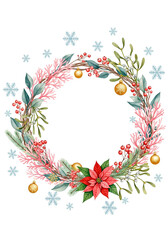 Obraz premium Elegant Winter Wreath with Red Berries, Gold Ornaments, Coral Leaves, and Snowflakes, Festive Holiday Decoration Illustration